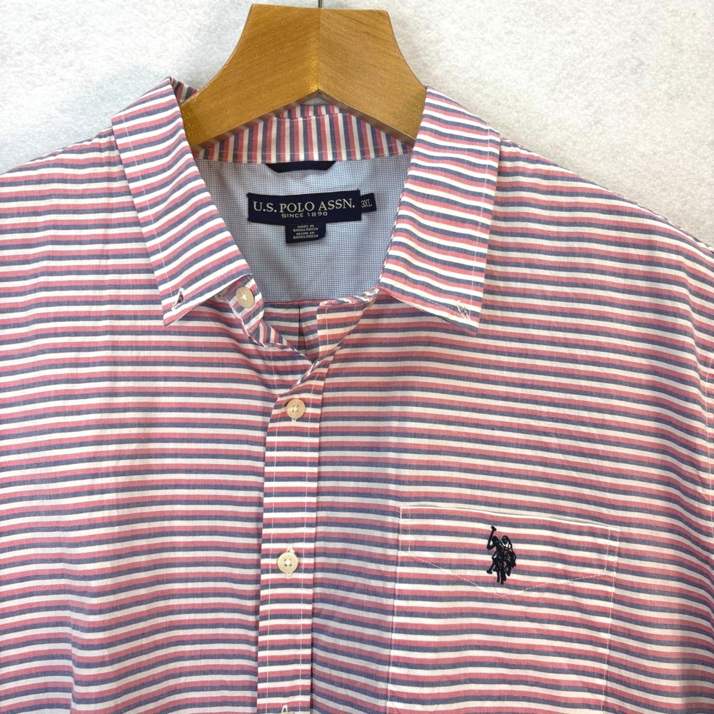 U.S. Polo Assn Red Blue Striped Short Sleeve Button Down Mens 3XL Preppy Coastal